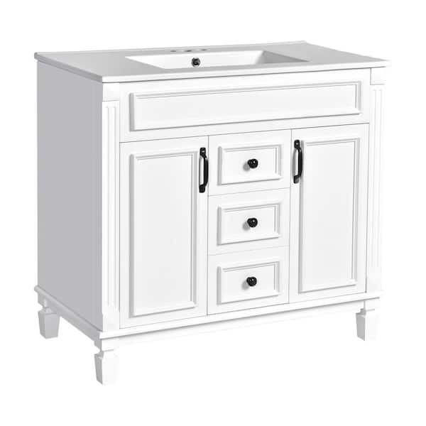 36 in. White Bath Vanity with White Ceramic Top and Mirror Cabinet