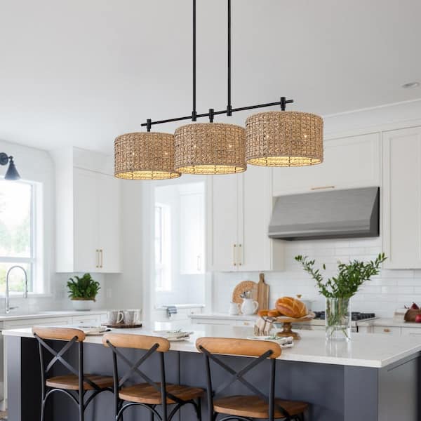 41 in. 3-Light Black Kitchen Island Chandelier Light with Rattan Shades