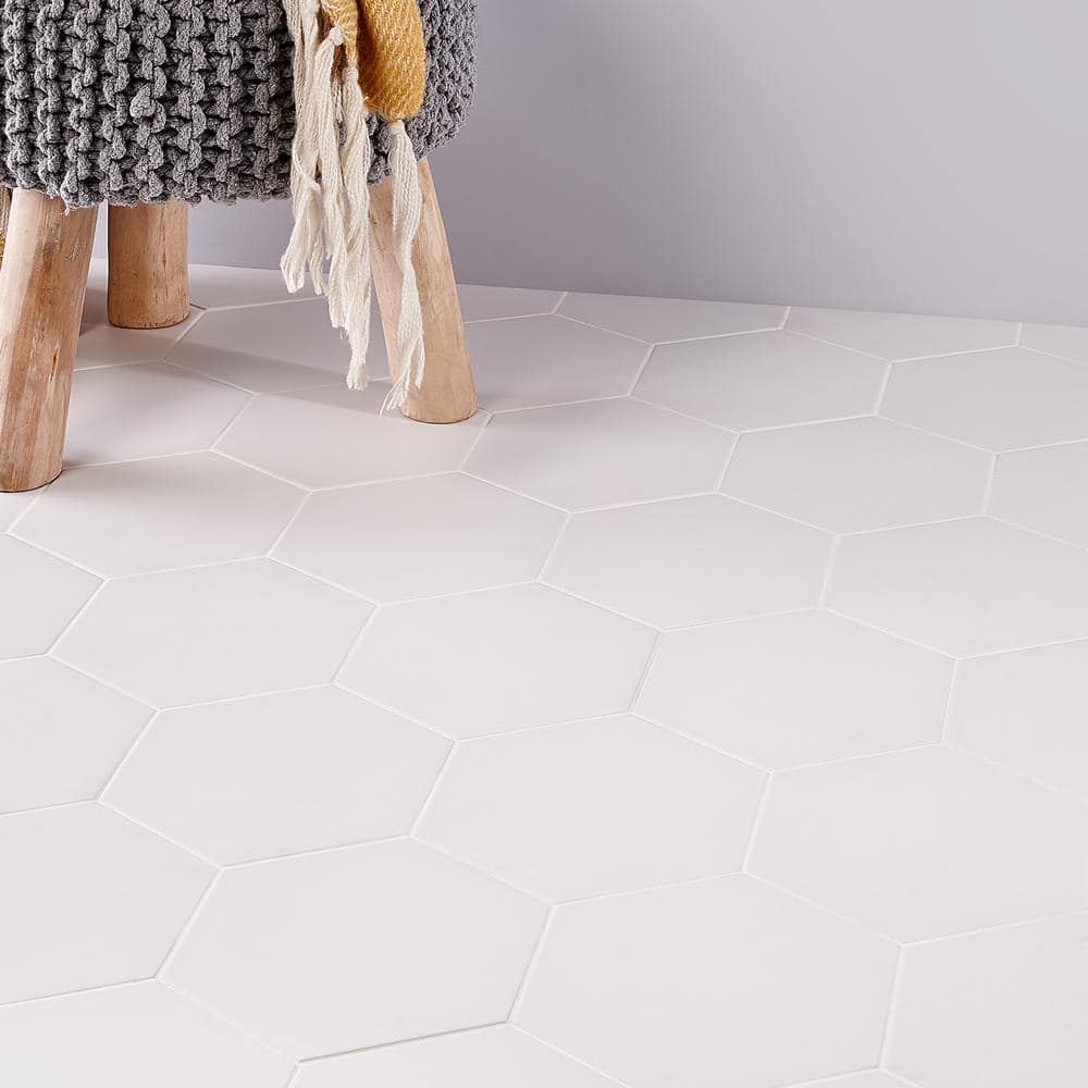 White Hexagonal Matte Porcelain Floor and Wall Tile, 8-in x 9-in