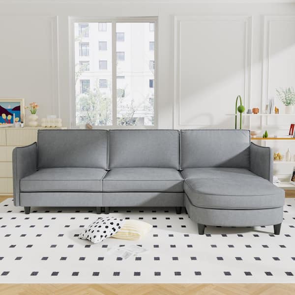 Harper & Bright Designs 107.8 in. Wide L Shaped Polyester Sectional Sofa in Gray with Ottoman and Side Pockets