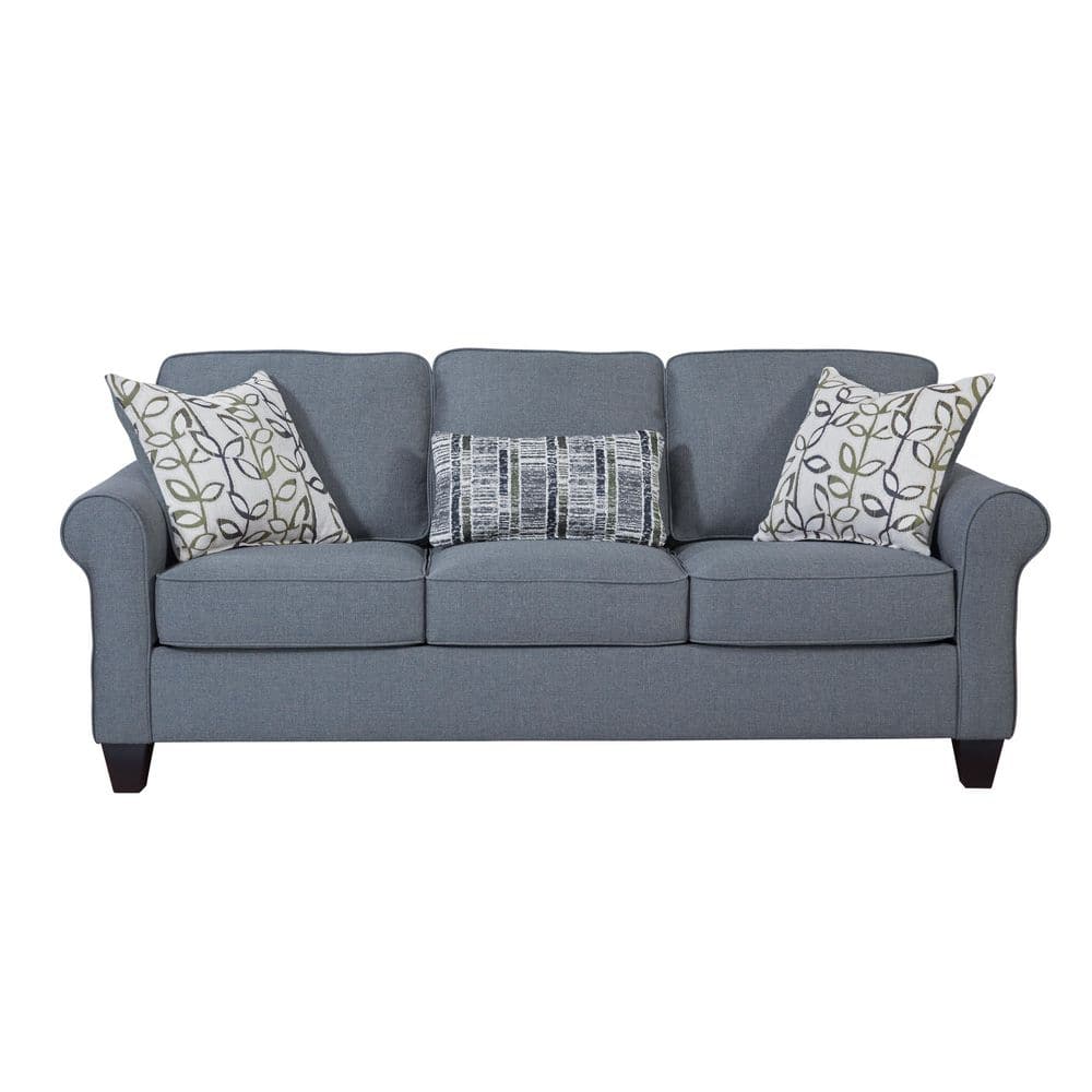 Classic Cottage Blue Fabric Sofa with Rolled Arms and Pillows