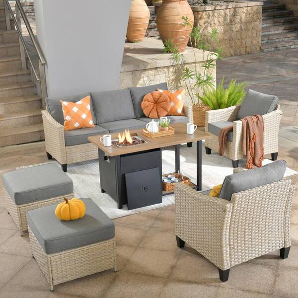 weaxty W Camelia Beige 6-Piece Wicker Patio New Style Rectangular