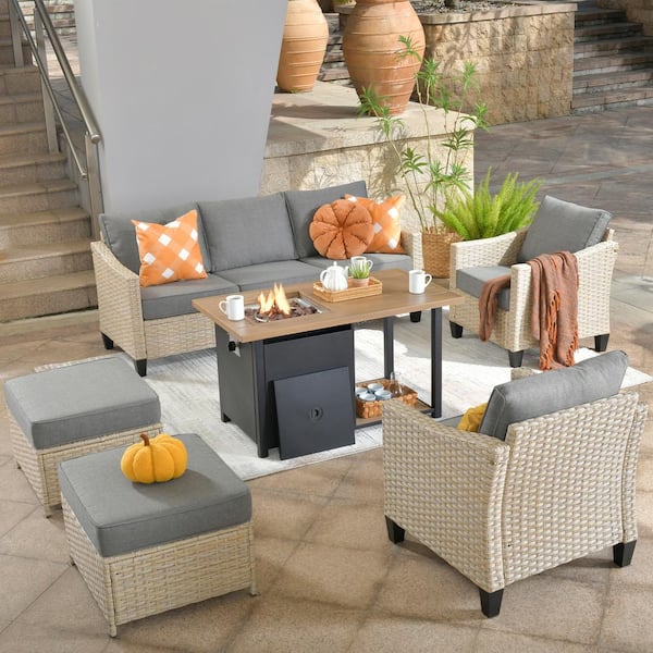 weaxty W Camelia Beige 6-Piece Wicker Patio New Style Rectangular Fire Pit Seating Set with Dark Gray Cushions