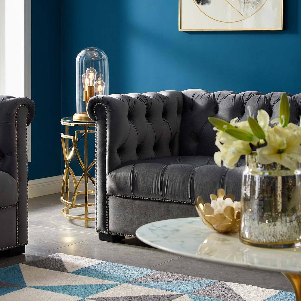 Elegant Black Velvet Chesterfield Sofa with Nailhead Trim and Rolled Arms