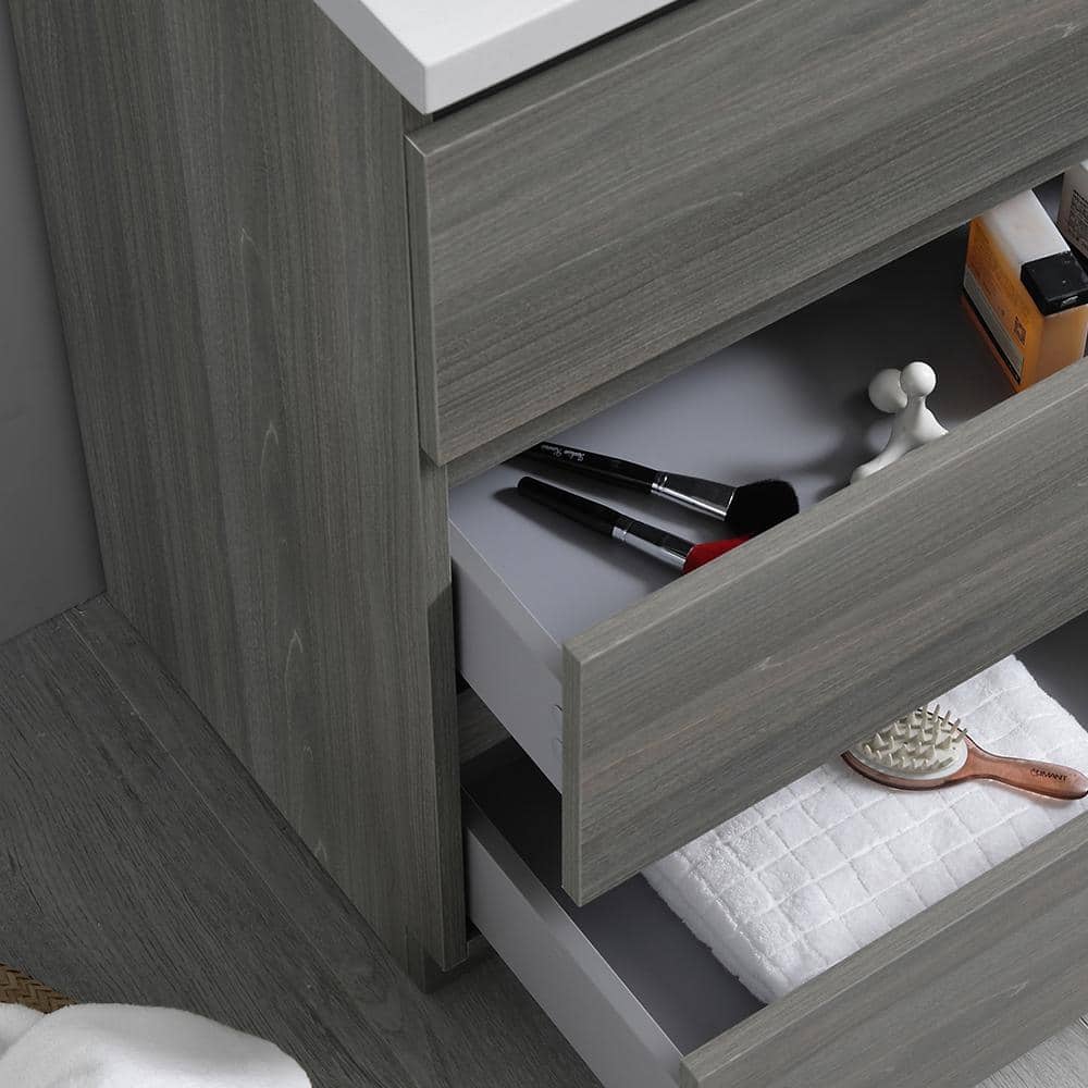 Gray Wood 24" Freestanding Bathroom Vanity with White Acrylic Top