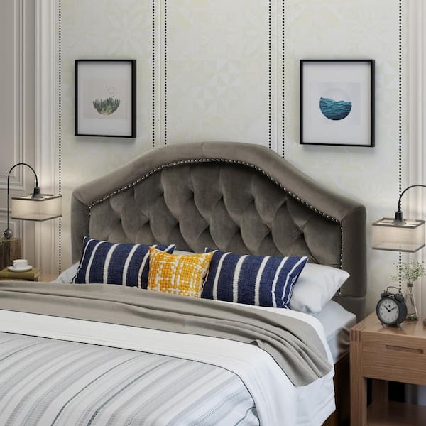 Unbranded Grey Queen and Full Fabric Upholstered Panel Headboard, Modern Button Bed Headboard Adjustable Height 49 in. to 59 in.