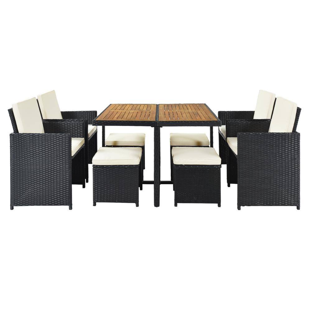 9-Piece PE Wicker Outdoor Dining Set with Beige Cushions, Wood Tabletop Gar