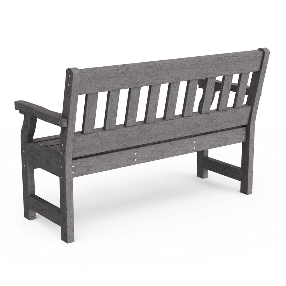 Dark gray HDPE plastic garden bench viewed from a rear three-quarter angle.