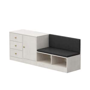 White Wood 31 in. Width 1 Seat Upholstered Accent Armless Chair with Back, 3 Drawers, Door Cabinet & 2 Open Shelves