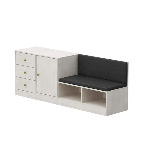 FUFU&GAGA White Wood 31 in. Width 1 Seat Upholstered Accent Armless Chair with Back, 3 Drawers, Door Cabinet & 2 Open Shelves