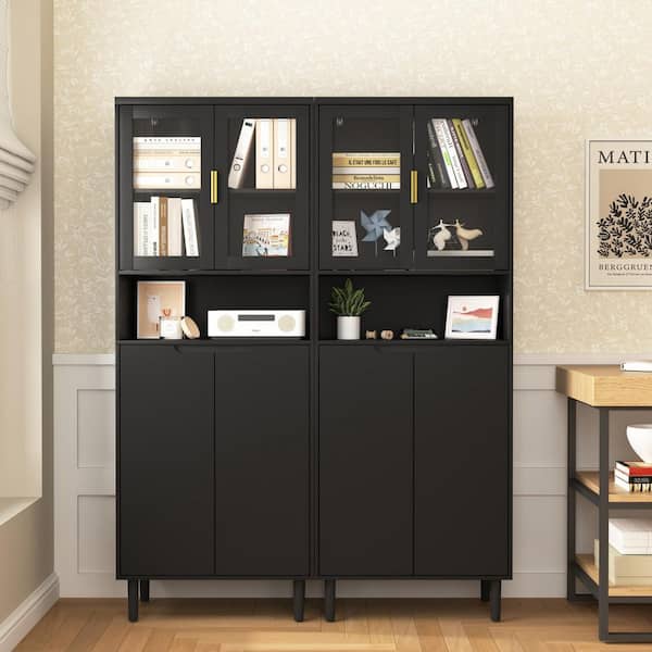 IDEAGLE Black 63 in. Accent Storage Cabinet with Adjustable Shelves and Glass Door Tall Storage Bookcase 4-Door Display Cabinet