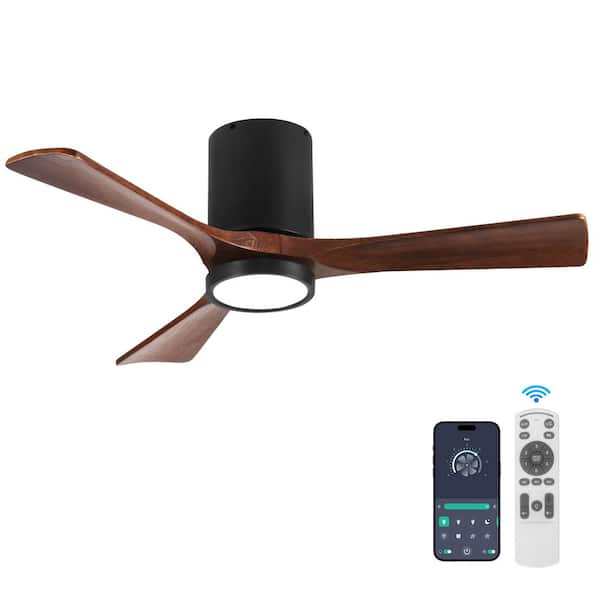 42 in. Smart Black 6-Speed Solid Wood Brown Blade Flush Mount Ceiling Fan with 3-Color LED Light and APP, Remote Control