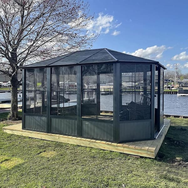 13 ft. x 13 ft. Sunroom Octagonal Solarium with Lockable Sliding Door,Moveable PC Screen, Galvanized Steel Sloping Roof
