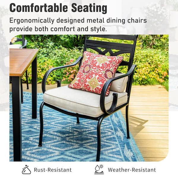 7-Piece Metal Patio Outdoor Dining Set with Slat Table and Stationary Chair with Beige Cushions