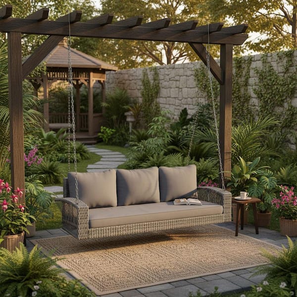 3-Person Gray PE Wicker Porch Swing with Gray Cushions and Chains for Backyard