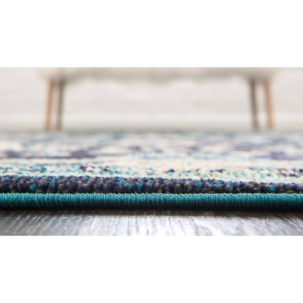 Navy Blue Square Floral Synthetic Easy Care Rug