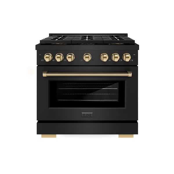 Autograph 36 in. Paramount Gas Range with 6 DuoPro Burners and Gas Oven in Black Stainless Steel and Gold Helix Handle