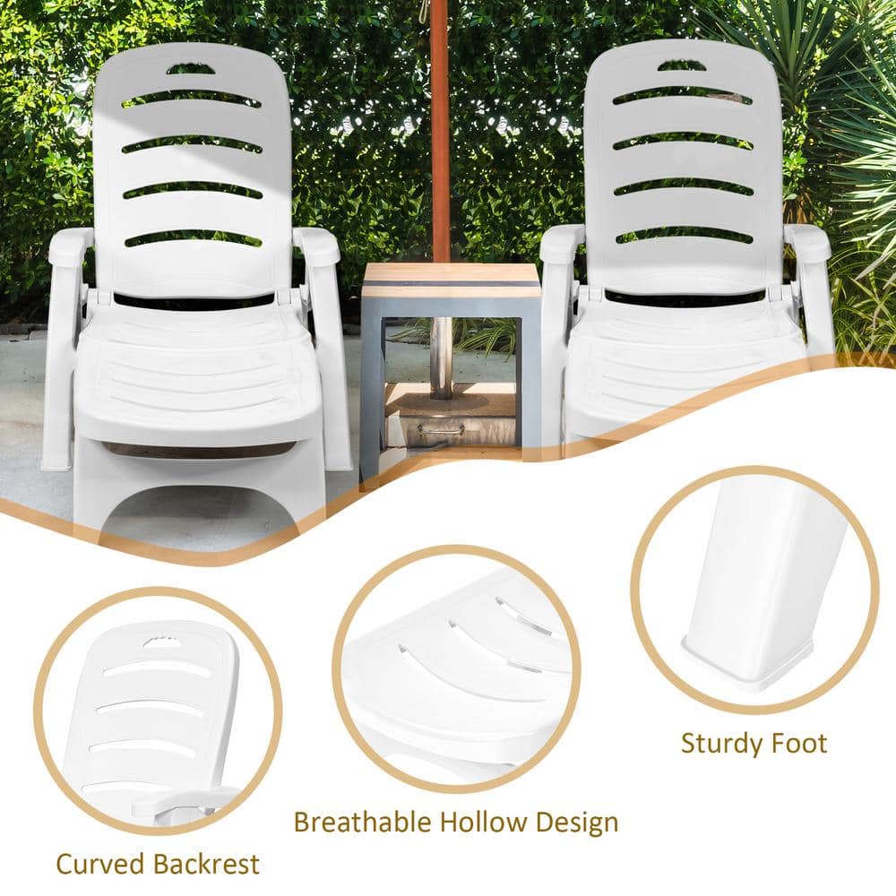 Coastal Breeze White PP Outdoor Folding Chaise Lounge with Wheels