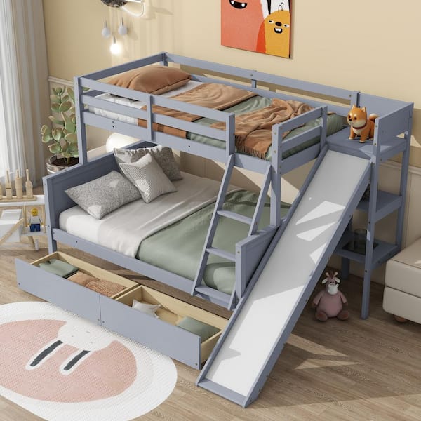 Harper & Bright Designs Gray Twin over Full Bunk Bed with Two Drawers, Slide and Shelves