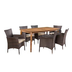 Charlie 7-Piece Wood and Faux Rattan Outdoor Dining Set with Beige Cushion