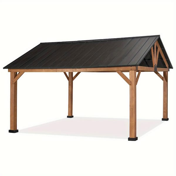 Unbranded 12 ft. x 14 ft. Wood Hardtop Outdoor Patio Gazebo with Galvanized Steel Roof and Ceiling Hook