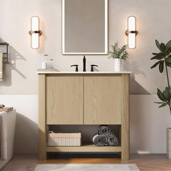 36 in. Single Sink Freestanding Natural Bath Vanity with White Ceramic Top Open Shelf and Storage Cabinet Unassembled