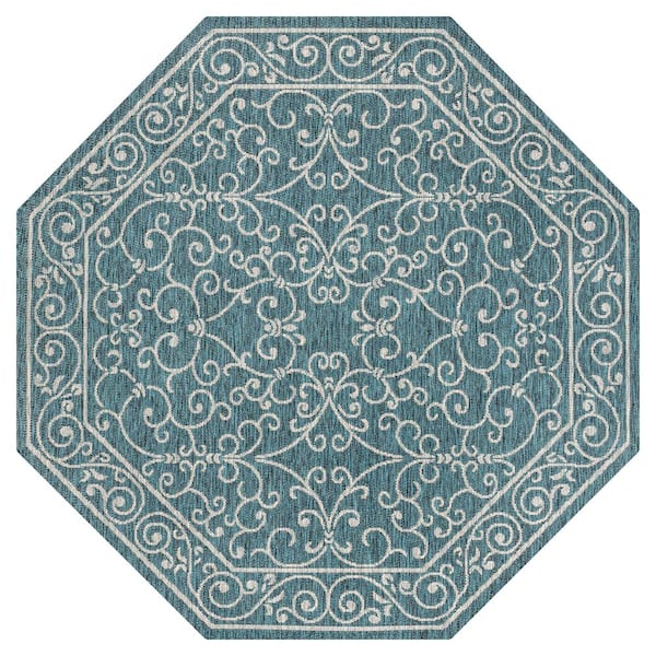 Charleston Vintage Filigree Textured Weave Teal/Gray 8 ft. Octagon Indoor/Outdoor Area Rug
