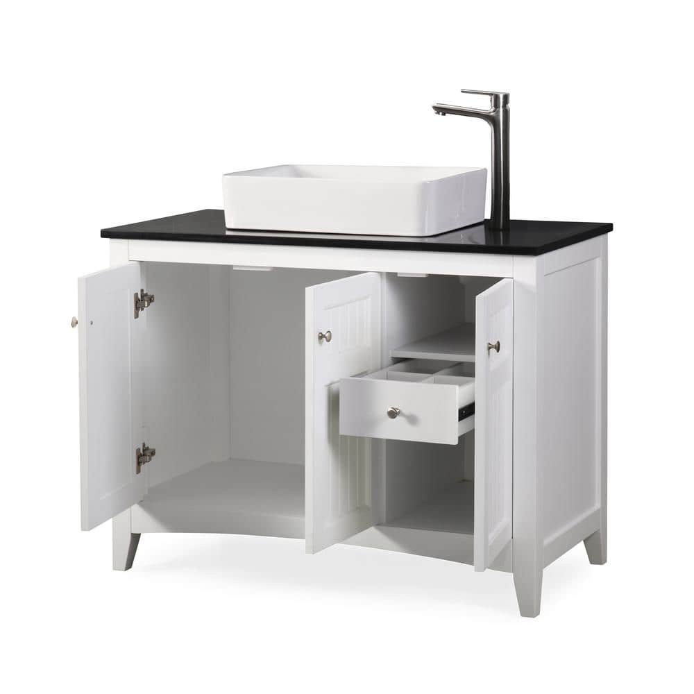 42" White Wood Freestanding Bathroom Vanity with Black Granite Top