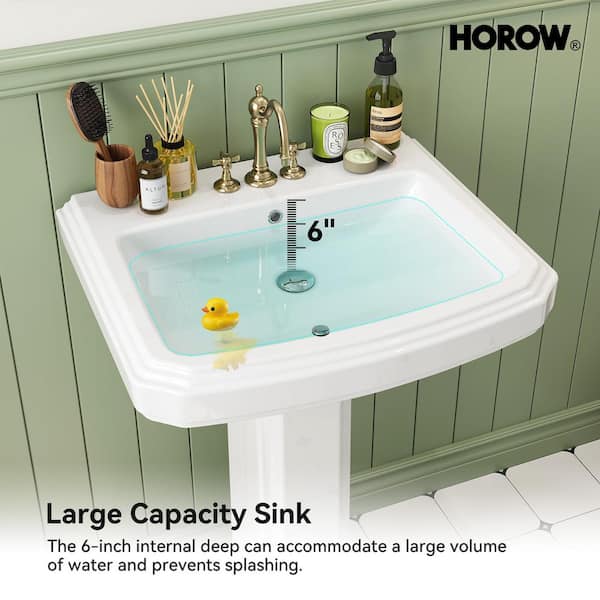 19 in. White Ceramic Rectangular Pedestal Combo Bathroom Sink with Overflow Drain and 3 Faucet Holes