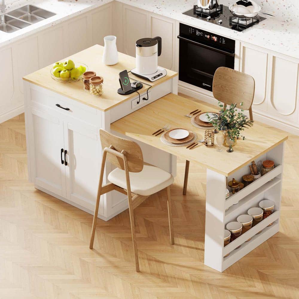 White Wood 55.1 in. Kitchen Island with Extendable Dining Table, Luxury ...