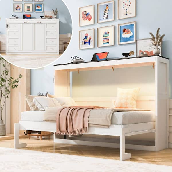 White and Brown Wood Frame Twin Size Murphy Bed Cabinet Bed with 7-Colors LED Light