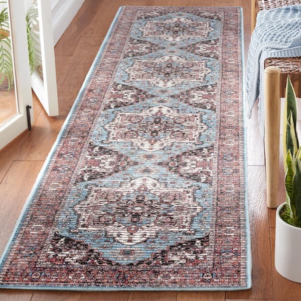 Serapi 2 ft. x 8 ft. Blue/Rust Border Ornate Medallion Washable Runner Rug