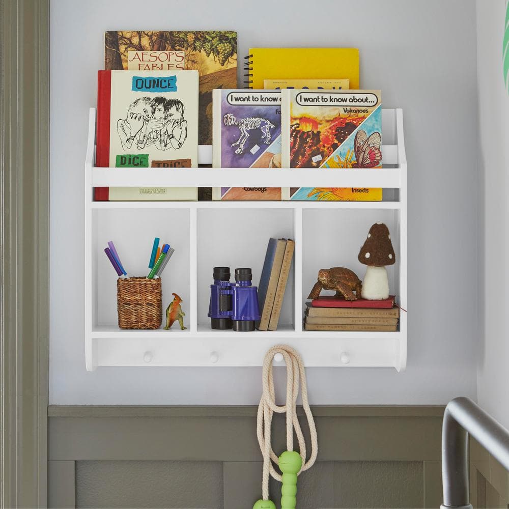 Tiered White Wood Wall Bookshelf with Hooks