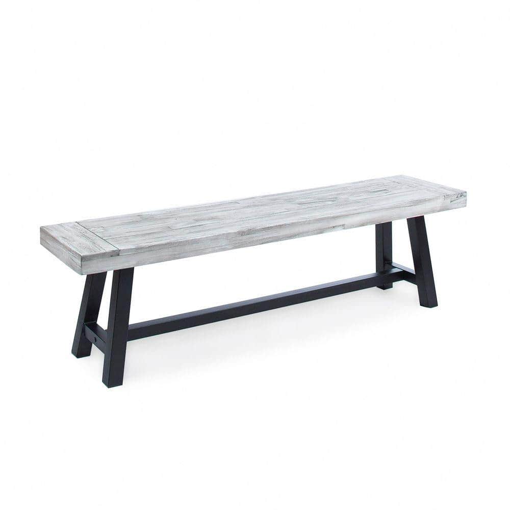 Gray Acacia Wood Modern Outdoor Ottoman with Black Rustic Metal Finished Legs