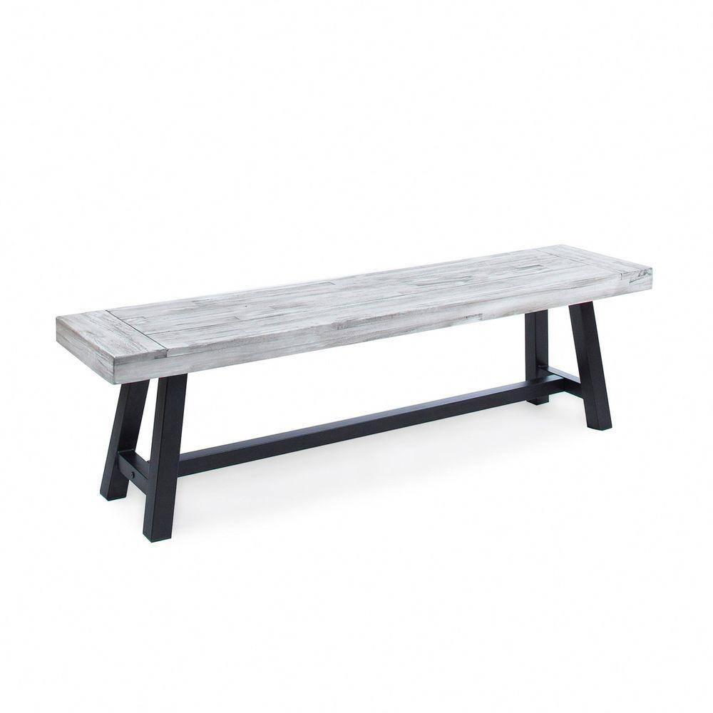 Light Grey Sandblast Finish Acacia Wood Dining Bench with Black Rustic Metal Finish Frame