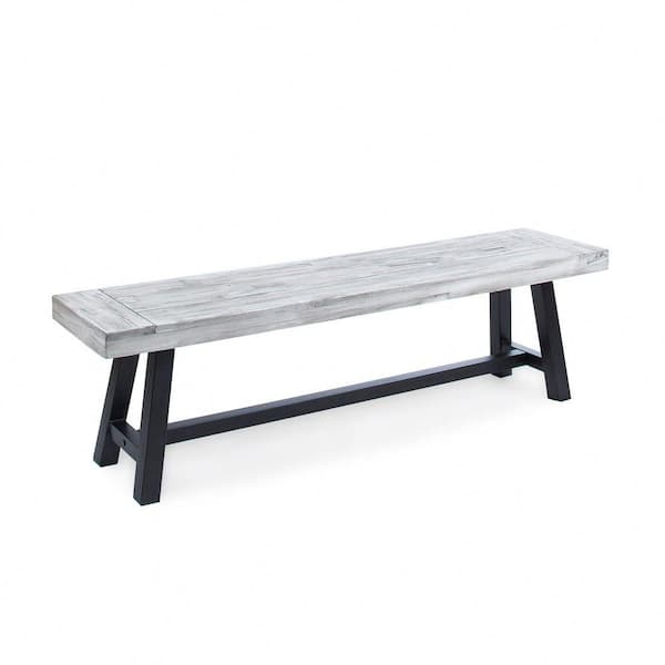 Light Grey Sandblast Finish Acacia Wood Dining Bench with Black Rustic Metal Finish Frame
