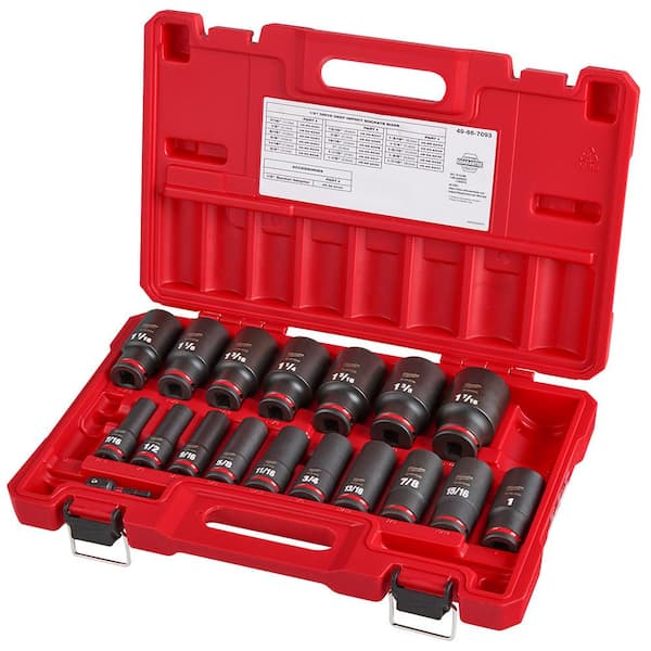 Milwaukee 49-66-7093 SHOCKWAVE 1/2 in. Drive SAE Deep Well 6 Point Impact Socket Set (18-Piece) - 1