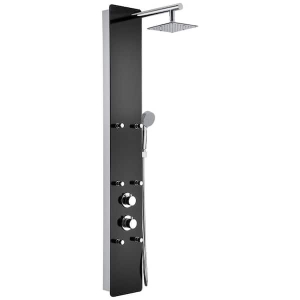 ANZZI Melody 59 in. 6-Jetted Full Body Shower Panel System with Heavy Rain Shower and Spray Wand in Black Deco-Glass