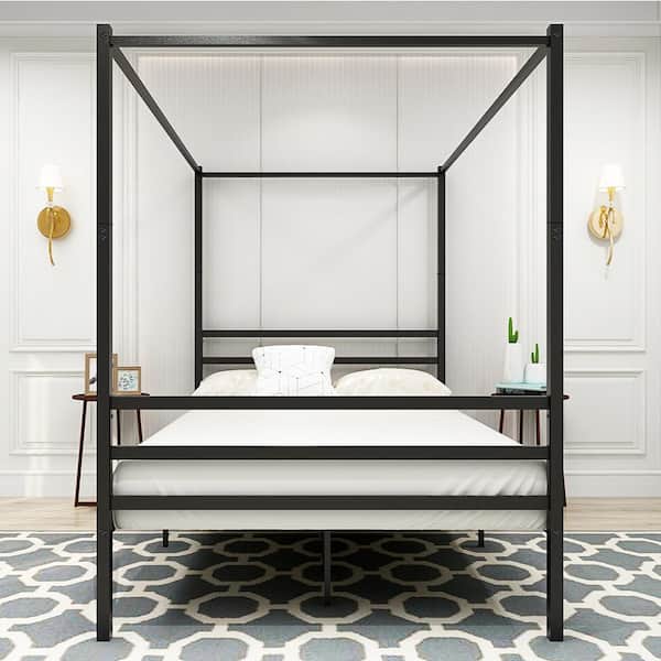 Full Size Canopy Metal Bed Frame Platform w/ Headboard Footboard Bedroom Black 