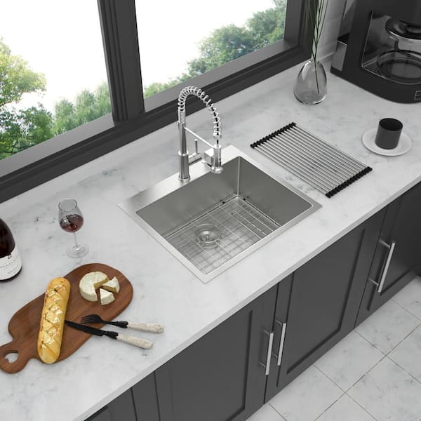 Unbranded 28 in. Drop-In Single Bowl 16 Gauge Brushed Nickel Stainless Steel Kitchen Sink with Bottom Grids