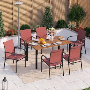 Black 7-Piece Metal Outdoor Patio Dining Set with Wood-Look Rectangle Table and Red Textilene Chairs