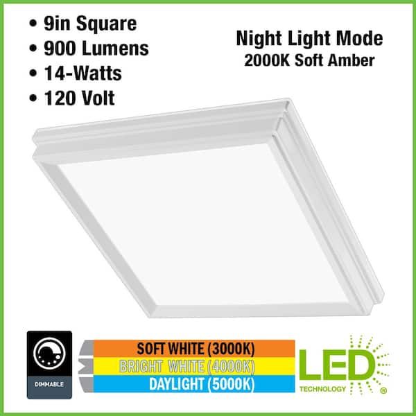 Low Profile 9 in. White Square LED Flush Mount with Night Light Feature J-Box Compatible Dimmable 900 Lumens