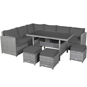 7-Piece Wicker Rattan Patio Conversation Set with Dining Table, Cozy Gray Cushion with Removable Cover