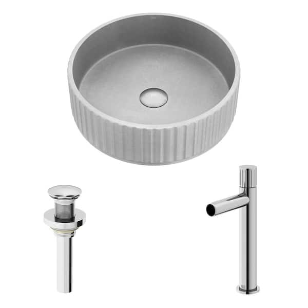 VIGO Windsor Gray Concreto Stone Round Fluted Bathroom Vessel Sink with Ashford Vessel Faucet and Pop-Up Drain in Chrome