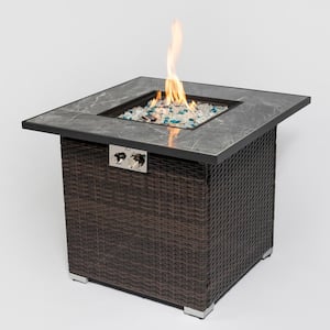Dark Brown Square Wicker Outdoor Fire Pit Table with Glass Rocks, 40000 BTU