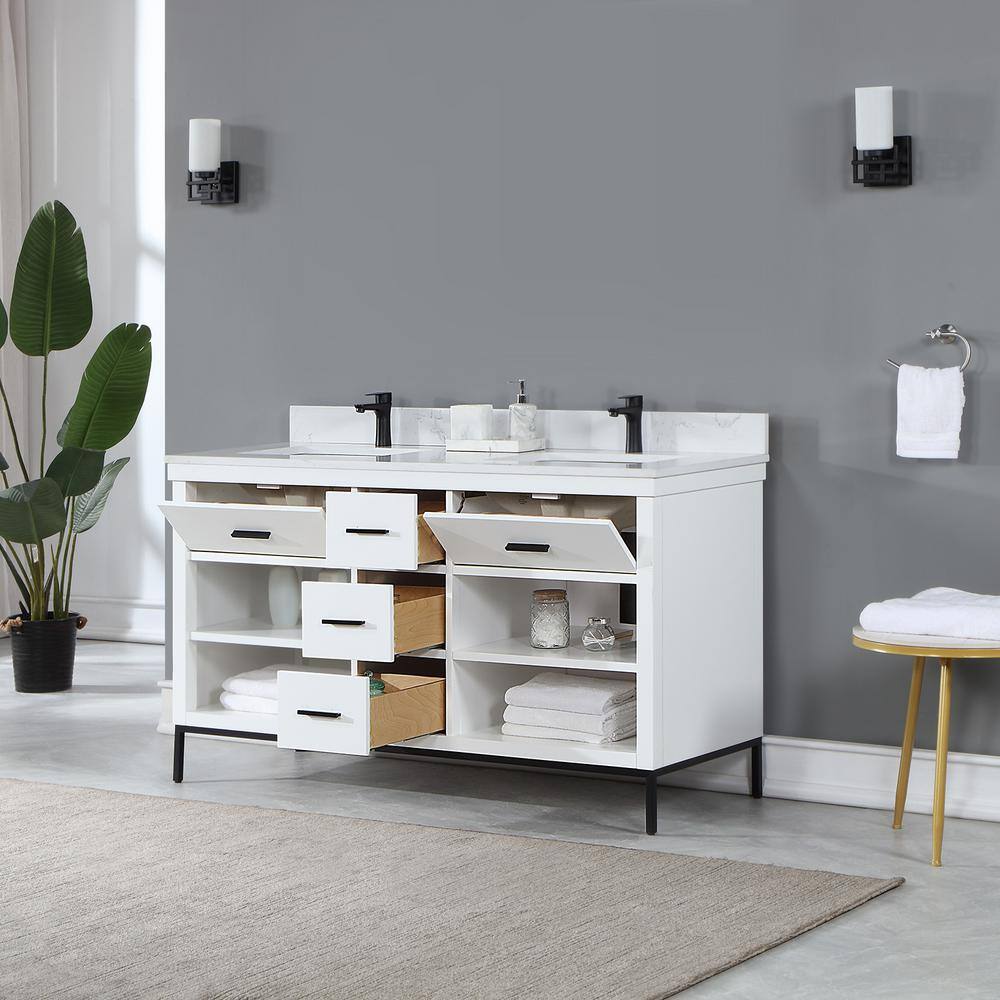 Kesia 60" White Double Bathroom Vanity with Composite Stone Top