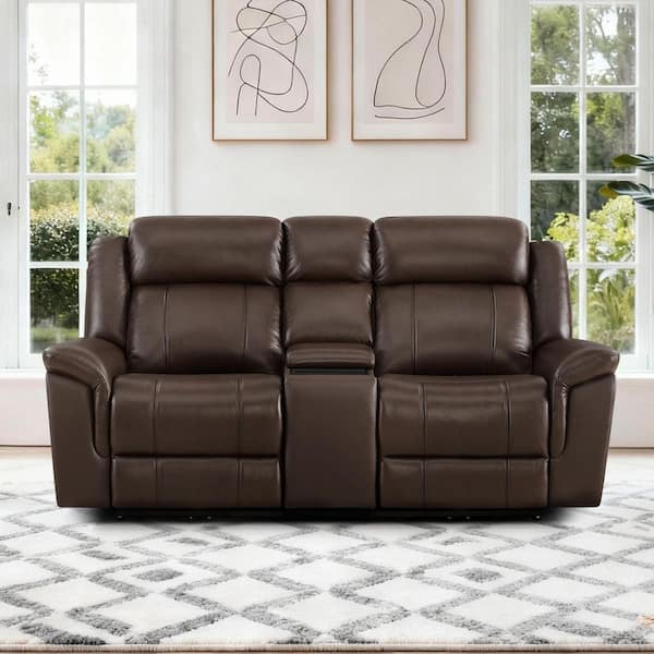 Philip 78.74 in. Rolled Arm 2-Piece Genuine Leather Reclining Sofa in Brown with Dual Motors, Power Headrest and Console
