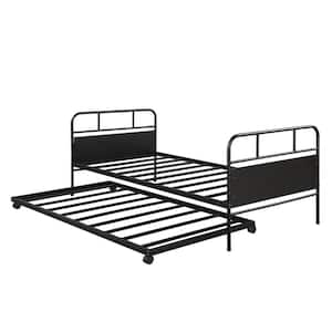 Black Twin Size Metal Daybed Platform Bed Frame with Trundle, Twin Bed with Built-in Casters for Living Room