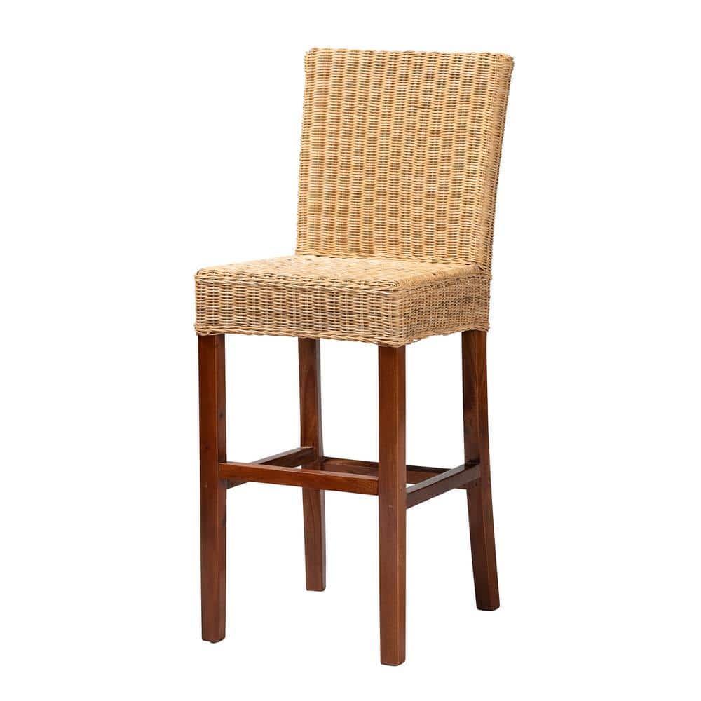 Racquel Natural Rattan and Mahogany Wood Bar Stool with Ergonomic Footrests