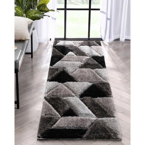 San Francisco Holland Modern Geometric Shag Hand-Carved, Black 2 ft. 3 in. x 7 ft. 3 in. Runner, Area Rug